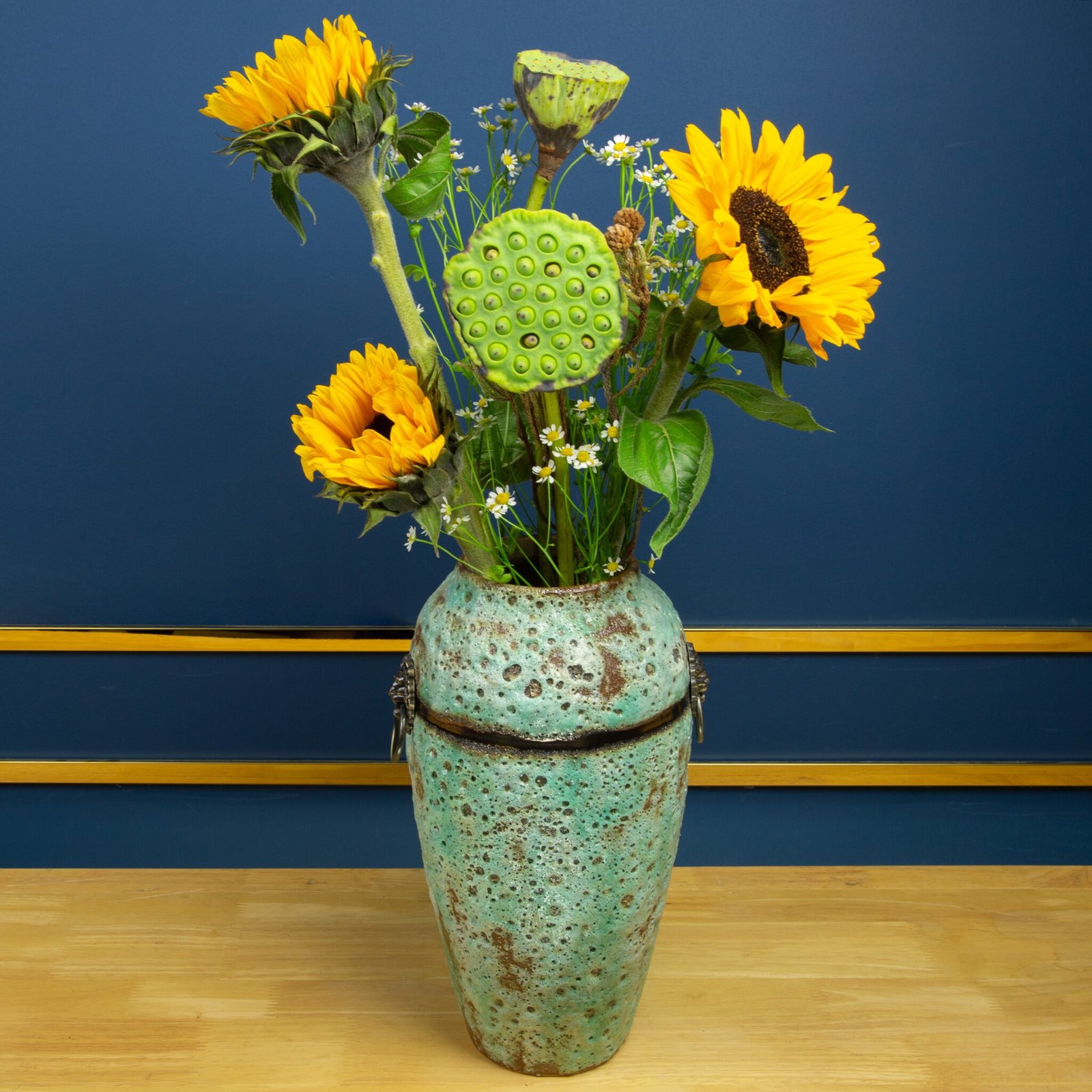 Sunflowers With Lotus Stem Vase